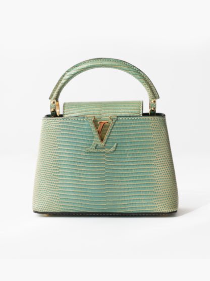 Louis Vuitton Capucines Mini bag in turquoise lizard — front view | La Parisienne Qatar