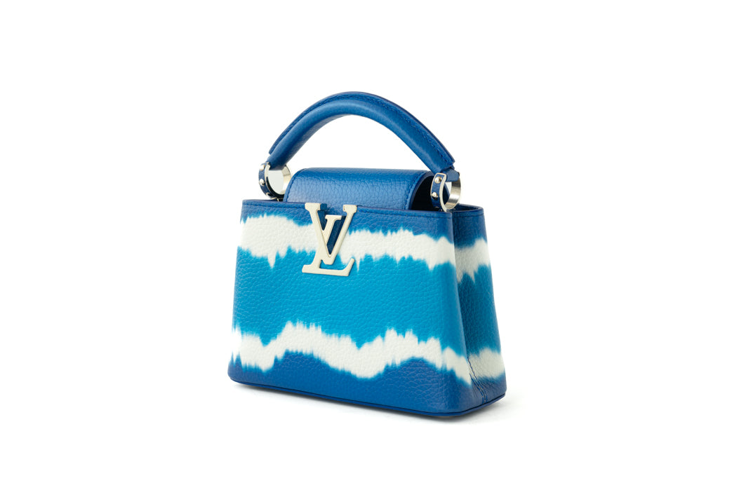 Louis Vuitton Capucines Mini Tie & Dye bag in blue and white — detail view | La Parisienne Qatar
