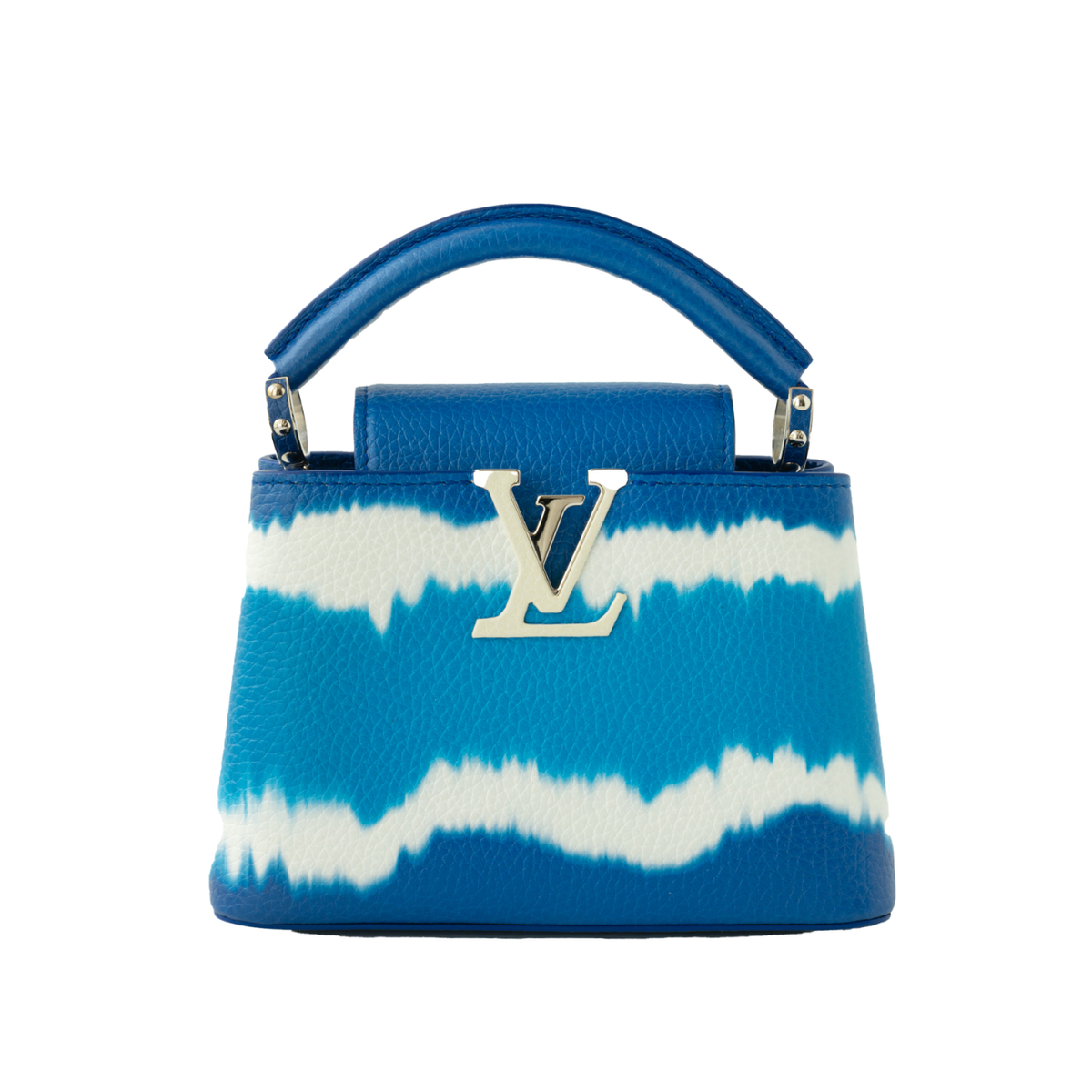 Louis Vuitton Capucines Mini Tie & Dye bag in blue and white — front view | La Parisienne Qatar