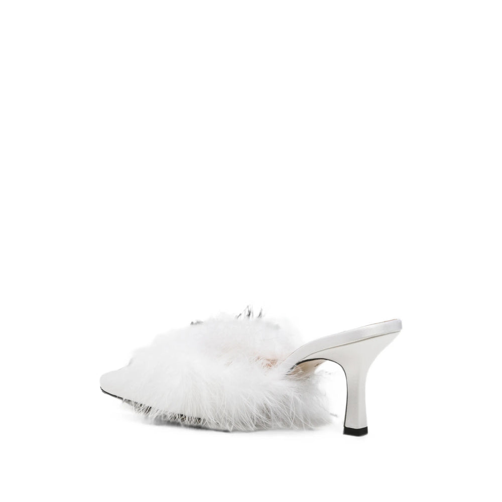 Mach & Mach feather-trimmed heels in white — side profile | La Parisienne Qatar