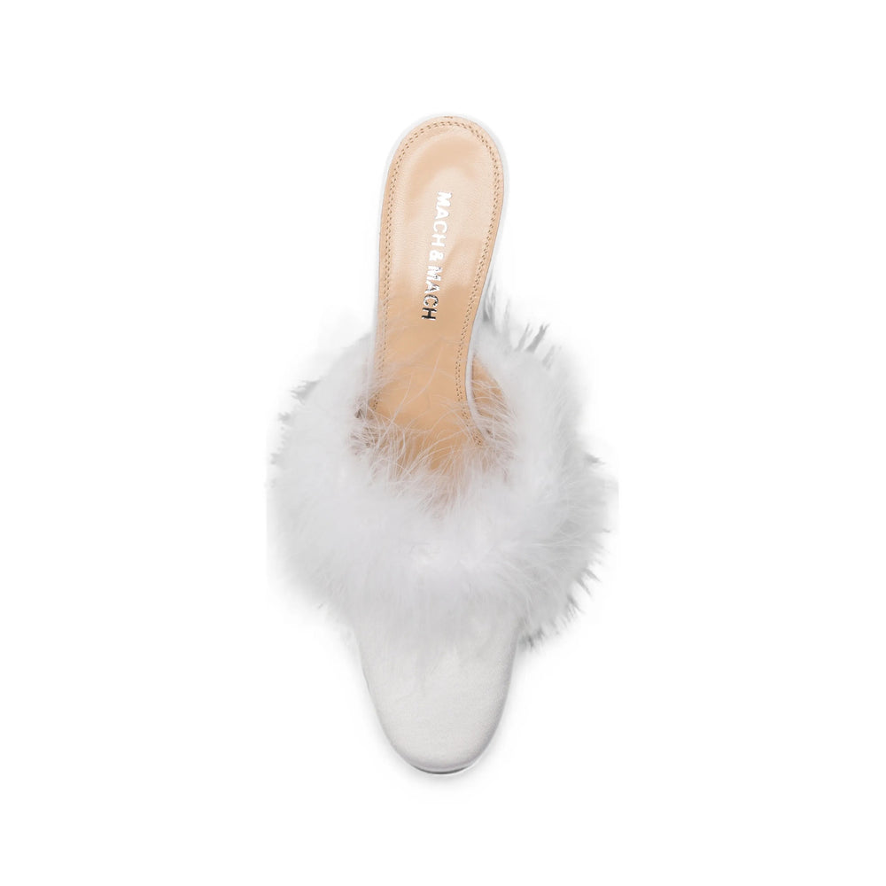Mach & Mach feather-trimmed heels in white — rear view | La Parisienne Qatar