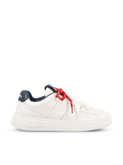 Miu Miu leather sneakers in white and blue — front view | La Parisienne Qatar