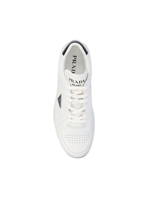 Prada Downtown sneakers in black and white calfskin — side profile | La Parisienne Qatar