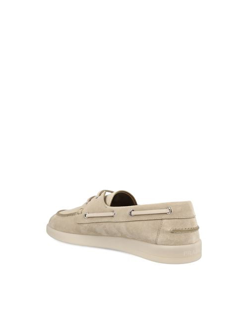 Prada suede loafers in beige calfskin — side profile | La Parisienne Qatar