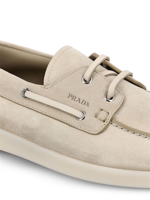 Prada suede loafers in beige calfskin — detail view | La Parisienne Qatar