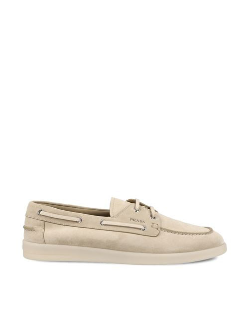 Prada suede loafers in beige calfskin — front view | La Parisienne Qatar