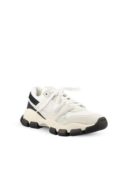 Prada technical mesh and suede sneakers in black and white — rear view | La Parisienne Qatar