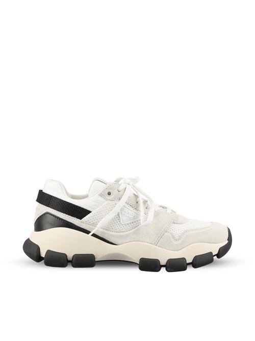 Prada technical mesh and suede sneakers in black and white — front view | La Parisienne Qatar