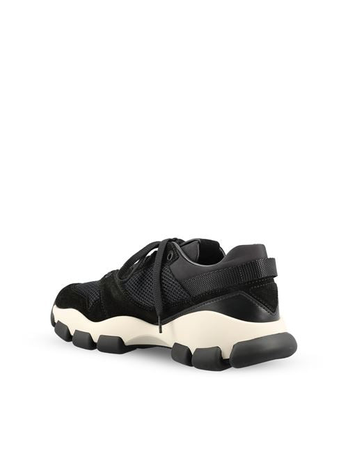 Prada technical mesh and suede sneakers in black — detail view | La Parisienne Qatar