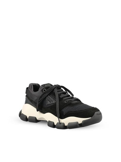 Prada technical mesh and suede sneakers in black — rear view | La Parisienne Qatar