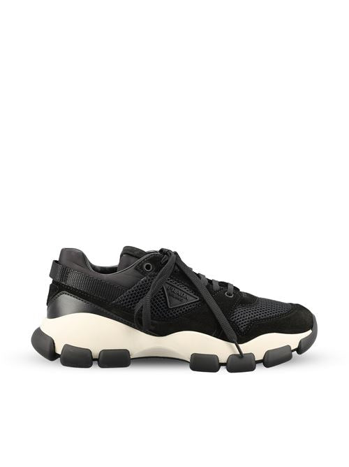 Prada technical mesh and suede sneakers in black — front view | La Parisienne Qatar