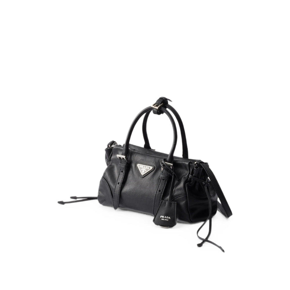 Prada top-handle handbag in black calf leather — detail view | La Parisienne Qatar