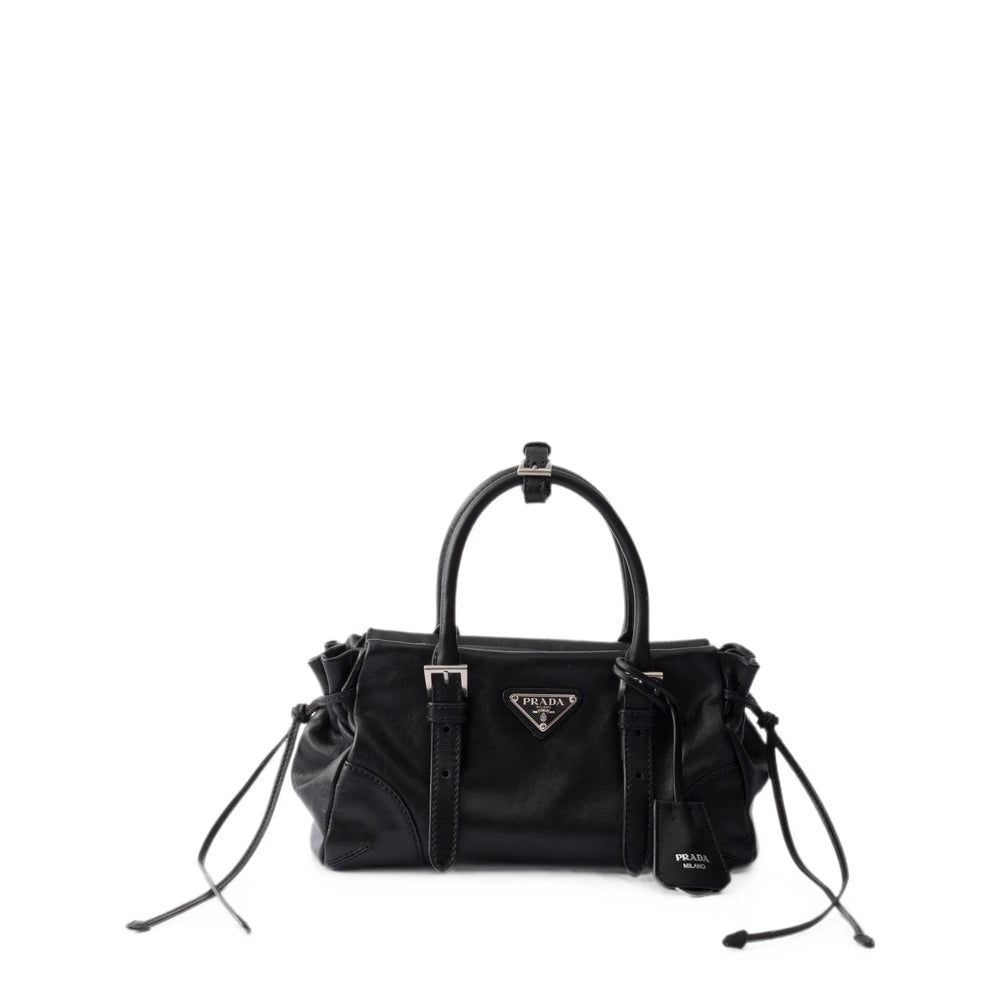 Prada top-handle handbag in black calf leather — front view | La Parisienne Qatar