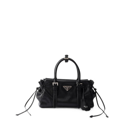 Prada top-handle handbag in black calf leather — front view | La Parisienne Qatar