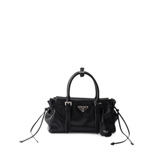 Prada top-handle handbag in black calf leather — front view | La Parisienne Qatar