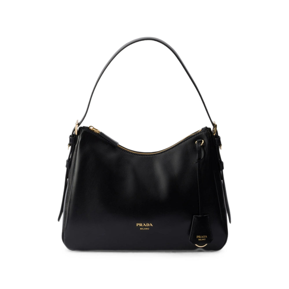 Prada shoulder bag in black calf leather — front view | La Parisienne Qatar