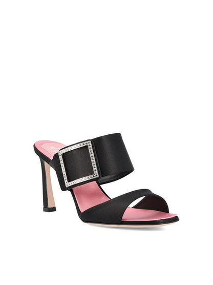Roger Vivier crystal buckle satin pumps in black — side profile | La Parisienne Qatar