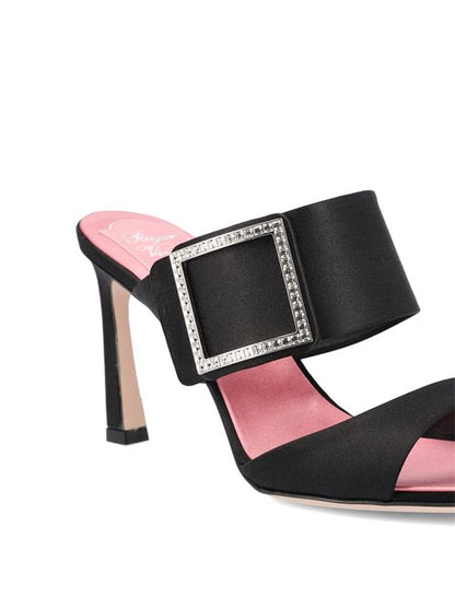 Roger Vivier crystal buckle satin pumps in black — rear view | La Parisienne Qatar