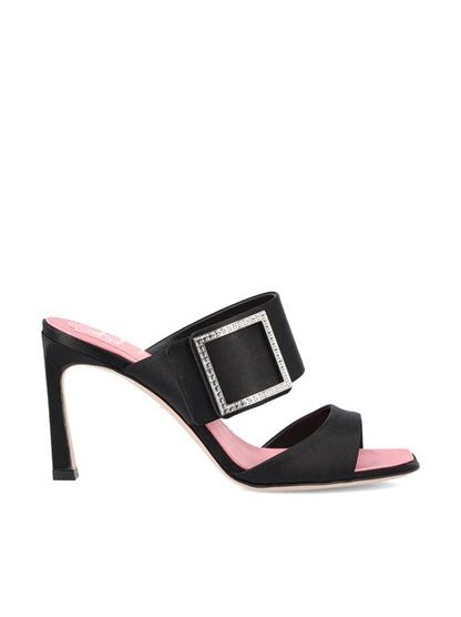 Roger Vivier crystal buckle satin pumps in black — front view | La Parisienne Qatar