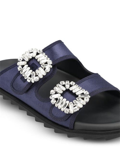 Roger Vivier Slidy Viv sandals in blue fabric — side profile | La Parisienne Qatar