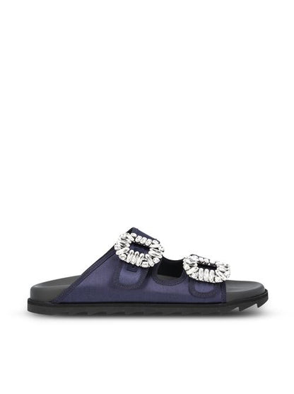 Roger Vivier Slidy Viv sandals in blue fabric — front view | La Parisienne Qatar