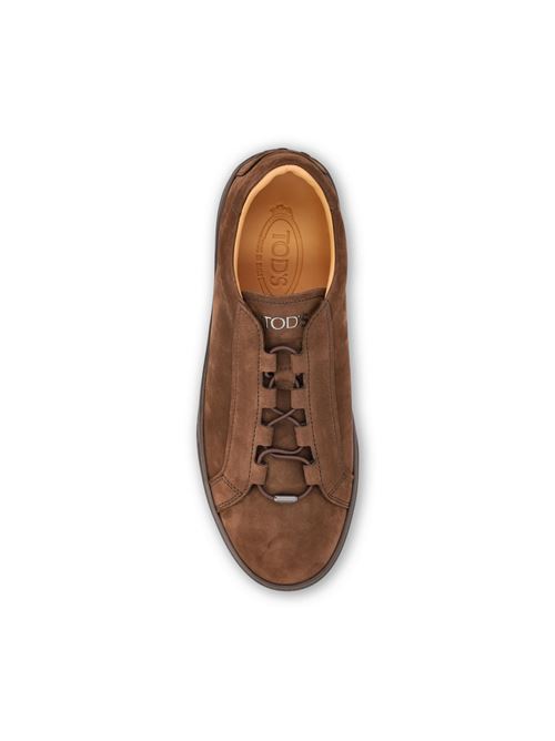 Tod's suede sneakers in brown nubuck calfskin — side profile | La Parisienne Qatar