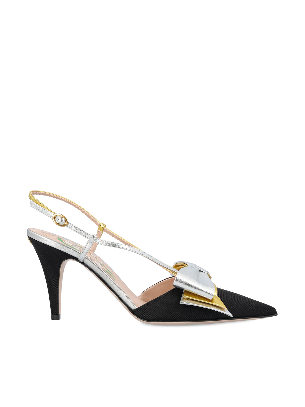 Valentino Garavani bow slingback pumps in black moiré — front view | La Parisienne Qatar