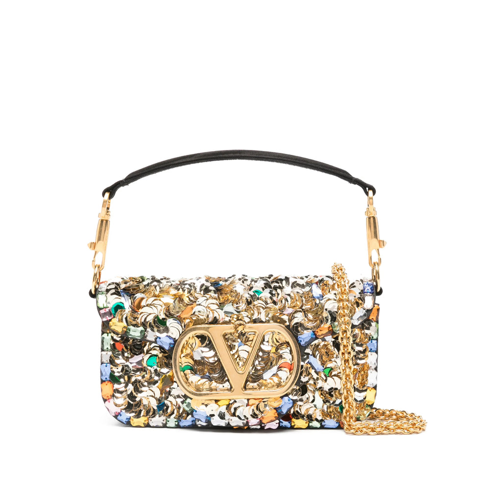 Valentino Garavani evening bag in gold sequin — front view | La Parisienne Qatar