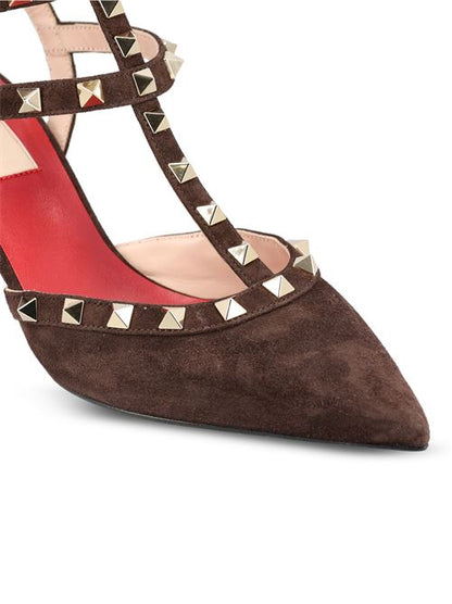 Valentino Garavani Rockstud pumps in brown suede — side profile | La Parisienne Qatar