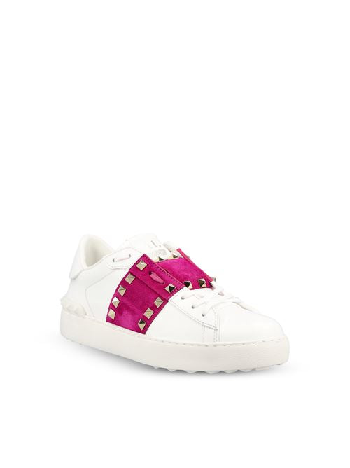 Valentino Garavani Rockstud Untitled sneakers in white and pink — rear view | La Parisienne Qatar