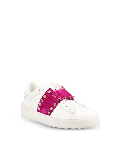 Valentino Garavani Rockstud Untitled sneakers in white and pink — rear view | La Parisienne Qatar