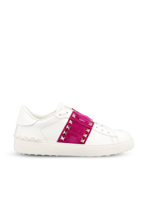 Valentino Garavani Rockstud Untitled sneakers in white and pink — front view | La Parisienne Qatar