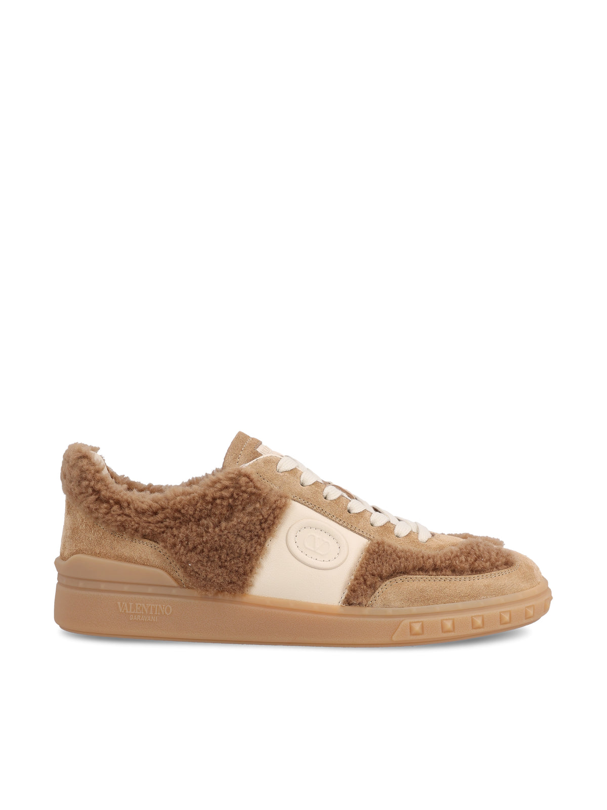 Valentino Garavani Upvillage sneakers in beige wool and leather — front view | La Parisienne Qatar